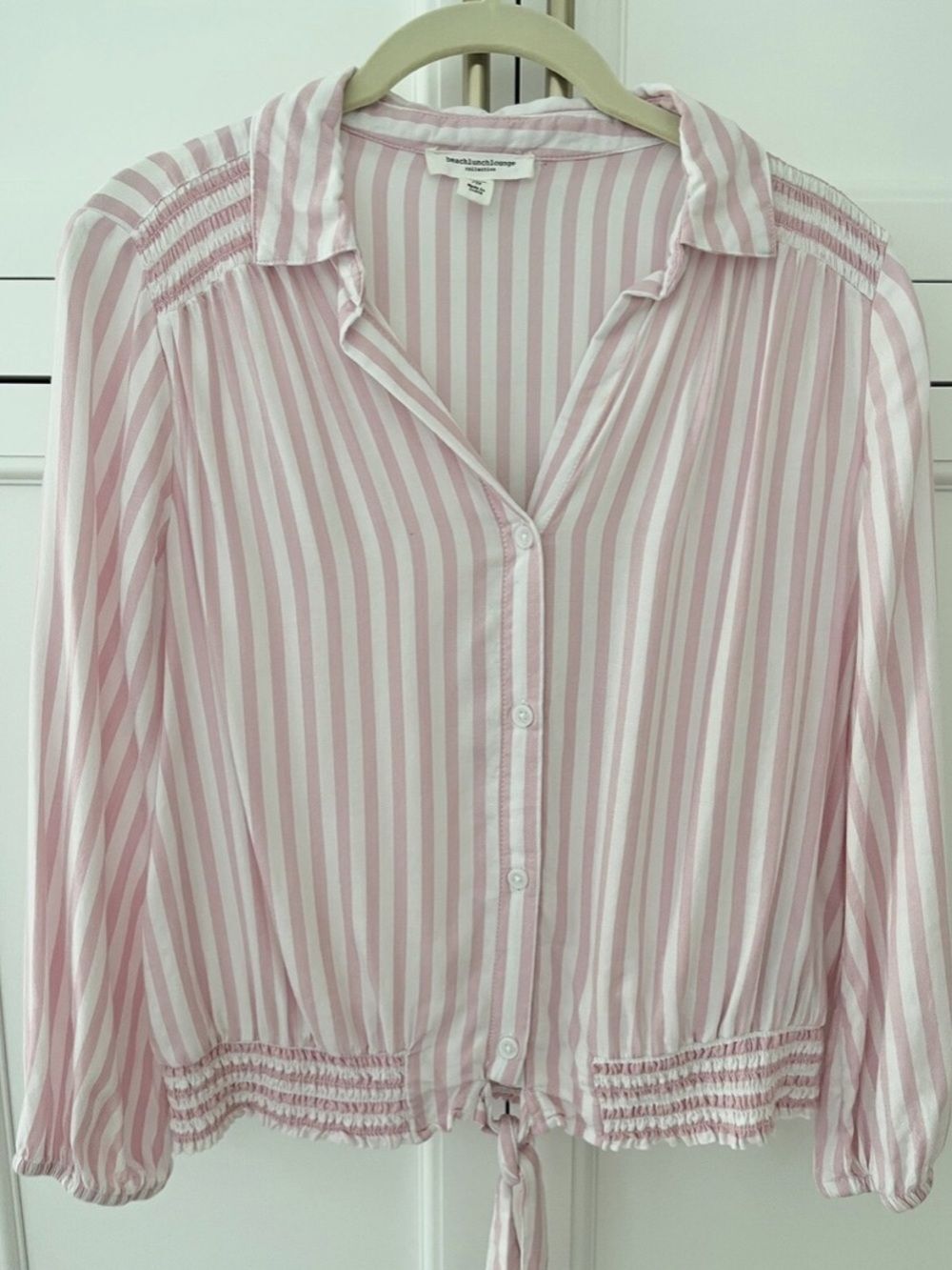 beachlunchlounge S Pink White Stripe Quarter Sleeve Tie Front Collared Shirt